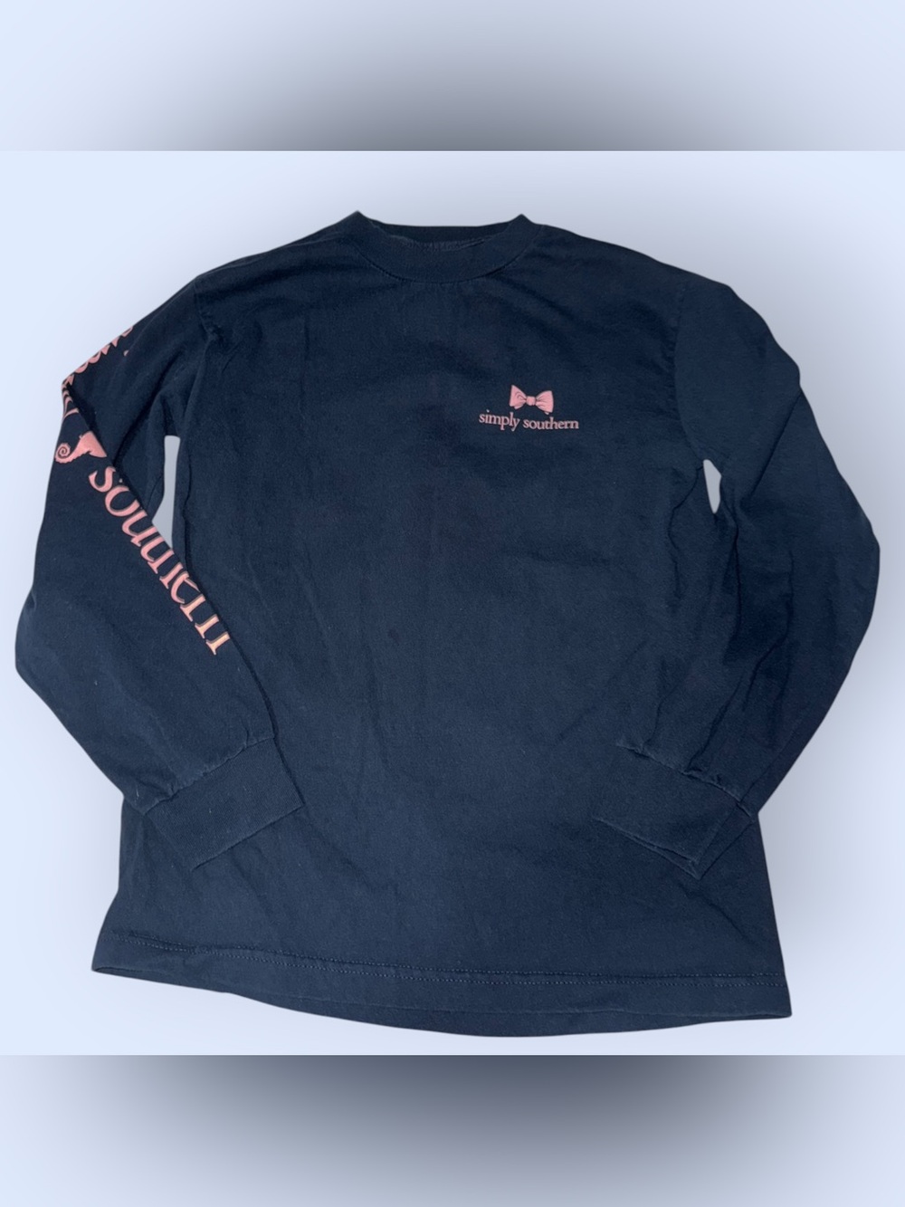 Simply Southern Navy Long-Sleeve Tee with Pink Bow & Sleeve Logo